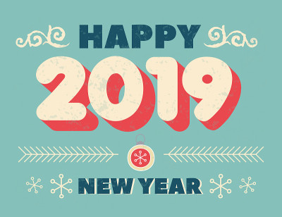 新年快乐2019与框架圣诞主题和题词新年快乐。圣诞背景有球，圣诞树，糖果。新年快乐的复古横幅。矢量图