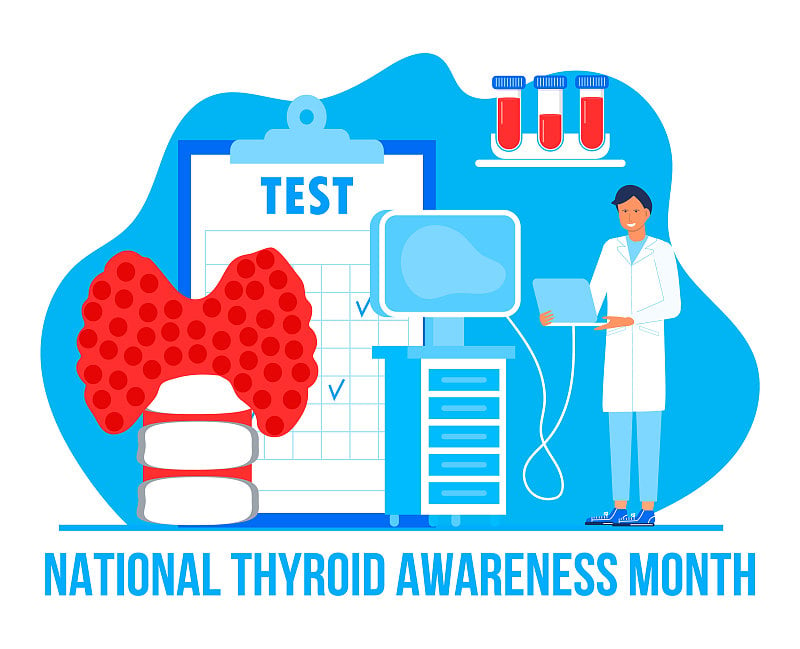 在美国，一月是甲状腺意识月。甲状腺功能减退的概念向量。内分泌学家诊断和治疗人类甲状腺。