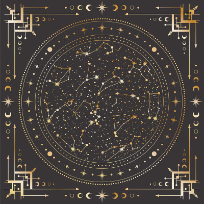 矢量金色的天体背景与华丽的轮廓几何框架，神奇的圆圈与星星，十二星座，月亮月相，箭头和同心圆。神秘线性