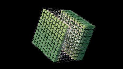 绿色方块变形。黑色背景，科技概念。抽象插图，3d渲染。