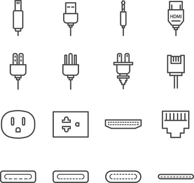 插头和插座线图标设置。包括电器插头，usb，插座，音频插孔，插座等图标。