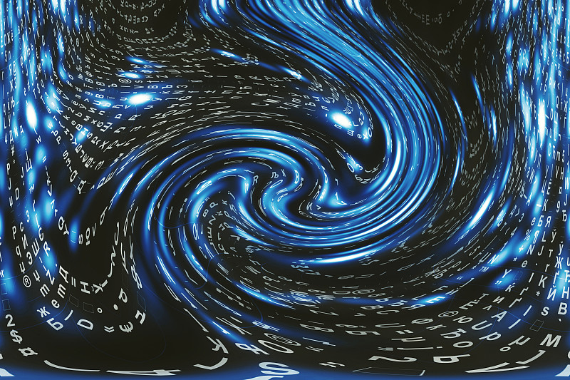 蓝色矩阵数字背景。扭曲的网络空间的概念。人物落入虫洞。入侵矩阵。虚拟现实设计。复杂的算法数据黑客。青