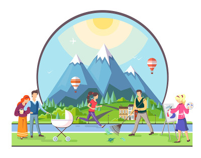 不同的人在公园里散步。山村风景。平面风格矢量插图