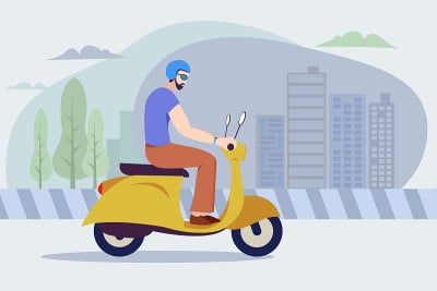 一个年轻人在城市里骑摩托车