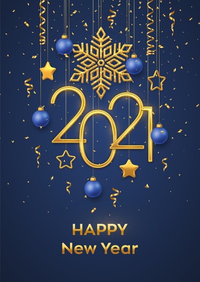 Happy New 2021 Year. Hanging Golden metallic numbe