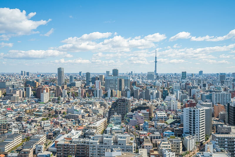 东京摩天大楼的城市景观与东京天空树在背景在东京新宿限制，日本