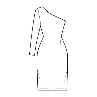 长袖单肩技术时尚插画，合体，及膝铅笔裙。平的服装