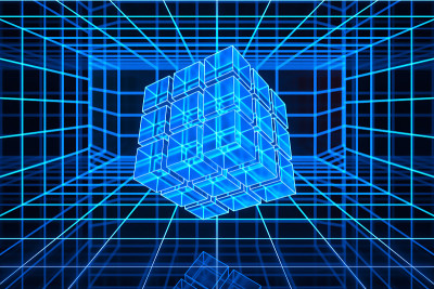 网络空间隧道与几何立方体，3d渲染。
