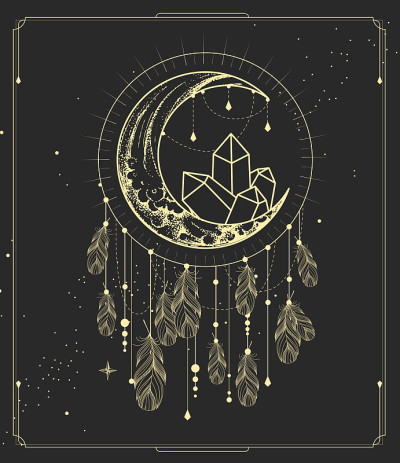 现代魔法魔法卡与捕梦者，新月和水晶。矢量图