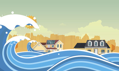 海啸，洪水灾害，矢量插图。Overflooded景观。每股收益10