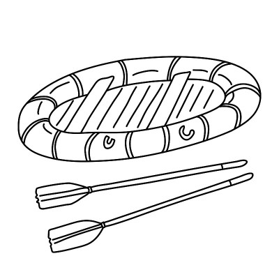 充气船与两个桨涂鸦手绘插图