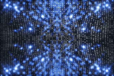 蓝色矩阵数字背景。抽象的网络空间的概念。人物倒了。来自符号流的矩阵。虚拟现实设计。复杂的算法数据黑客