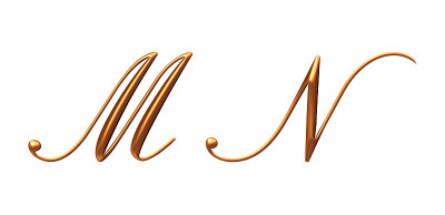 3d字母表，黄金大写字母M N, 3d渲染