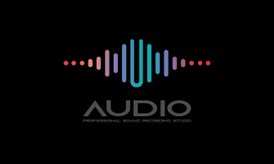 DJ舞会标志，录音室标志，音频波和灯光暗梯度背景