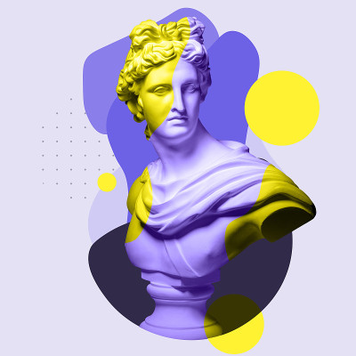 现代观念艺术拼贴与古代雕像。当代艺术。