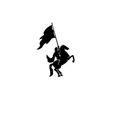 一名穿着盔甲的战争骑士士兵携带旗帜去与他的马标志图标设计平面矢量模板插图剪影白色背景