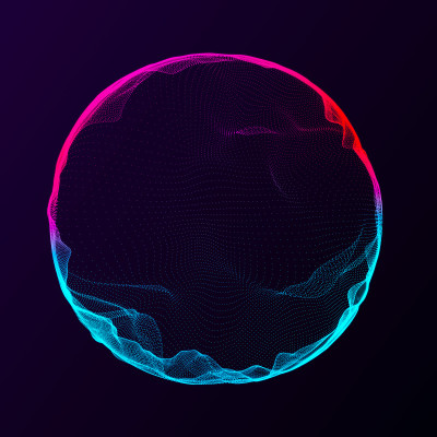 球形均衡器音乐。粒子的圆形声波。音乐抽象的蓝色背景。3 d渲染。