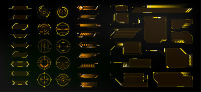 大集合黄色高科技元素，HUD，界面为GUI, UI, UX设计。未来科幻用户界面。指示板显示。插图的