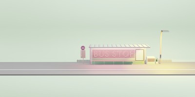 公交车站卡通城市公共交通3D插图