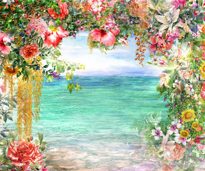抽象花卉水彩画。春天五彩缤纷的