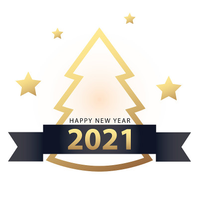 2021年新年快乐，用松树丝带和星星金色风格矢量设计