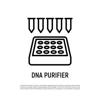 DNA净化器，紧凑的机器人工作站。用试管给离心机充电。DNA提取过程。细线图标。医疗设备。矢量插图。