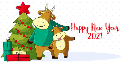 2021新年快乐儿童插画。中国新年牛年2021年