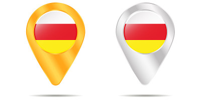 Map of pins with flag of South Ossetia. On a white
