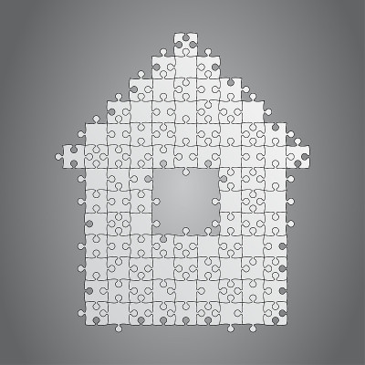 房子是用拼图做的。拼图家，建筑，外观。
拼图建筑租赁、租赁、抵押。信息图表模板演示。