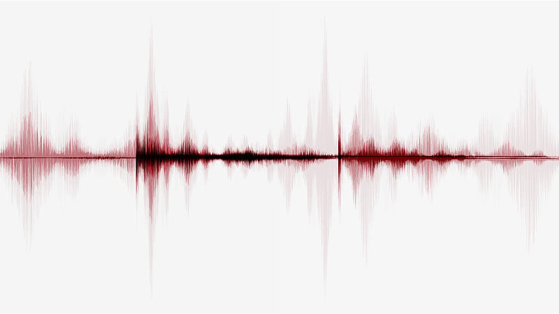 灰色背景上的血红色数字声波，技术和地震波图和动心的概念，音乐工作室和科学设计，矢量插图。