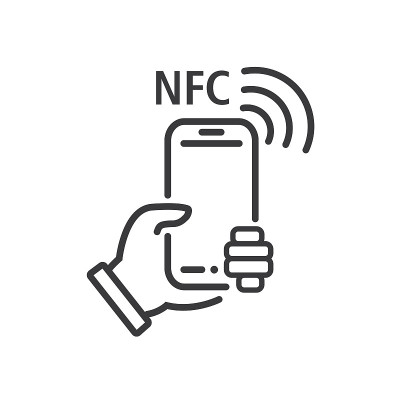 手机NFC, NFC支付用手机智能手机线，线性矢量图标，符号，符号