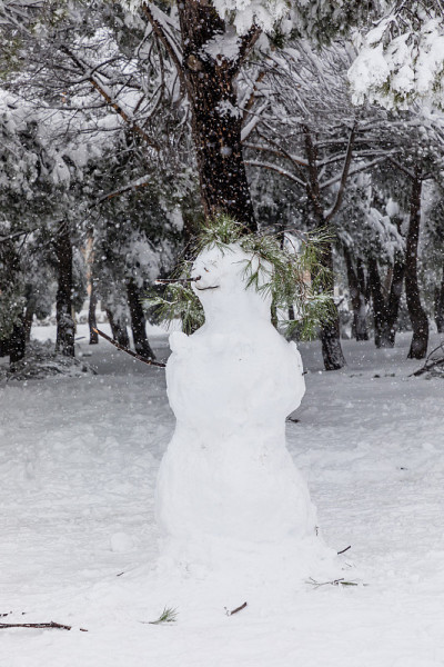 马德里街道上的雪人被雪覆盖，这是由于2021年1月的菲洛梅娜风暴造成的