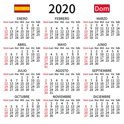 2020年西班牙日历，周日