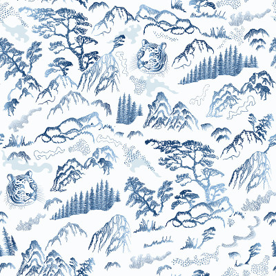 蓝色无缝图案的手绘草图在日本和中国插画传统。大自然，山，冷杉，松树，虎头，河流，草本植物，岩石在白色
