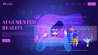 戴AR眼镜的人与图表打交道。增强现实登陆页面的概念。网站标题模板。