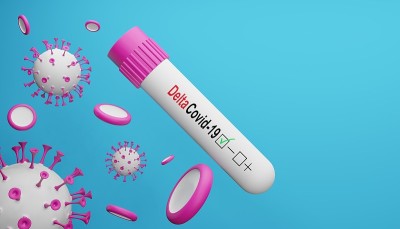 冠状病毒的3D渲染和Delta covid-19变体的阴性测试。危及生命的Covid-19病毒爆发的