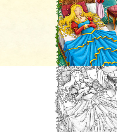 卡通素描场景与公主在城堡-插图