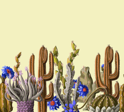 无缝边框与仙人掌和花在黄色的背景。矢量插图。