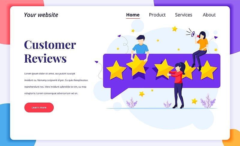 登陆页面设计理念为客户评论理念，人们给予五星评价和评论，反馈积极。客户服务和用户体验。平面向量插图