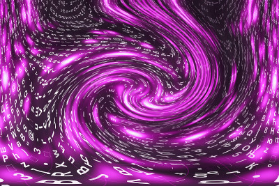粉色矩阵数字背景。扭曲的网络空间的概念。人物落入虫洞。入侵矩阵。虚拟现实设计。复杂的算法数据黑客。粉