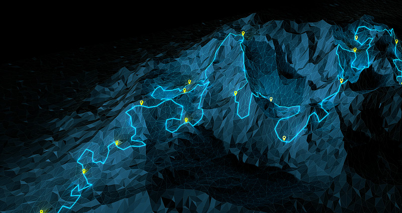 一个蜿蜒的徒步旅行路线概述与路径点的山脉- 3d插图