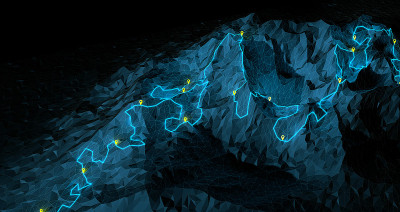 一个蜿蜒的徒步旅行路线概述与路径点的山脉- 3d插图