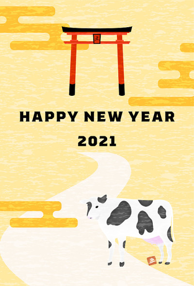 新年贺卡明信片模板2021牛年，形象牛的第一年神殿和神的信使