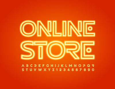 矢量数字横幅在线商店。发光的现代字母和数字集