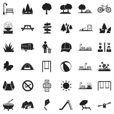 Park And Outdoor Icons. Black Flat Design. Vector 