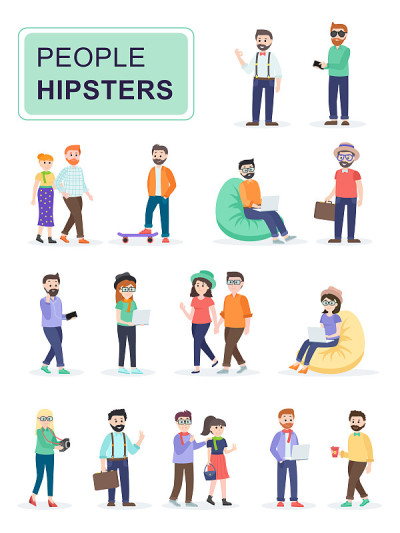 Set of stylish hipster people. Fashion girls and b