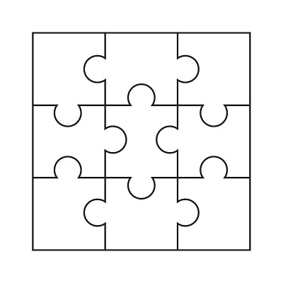 一套9拼图块在白色的背景。简单的拼图游戏模板模板。矢量插图。