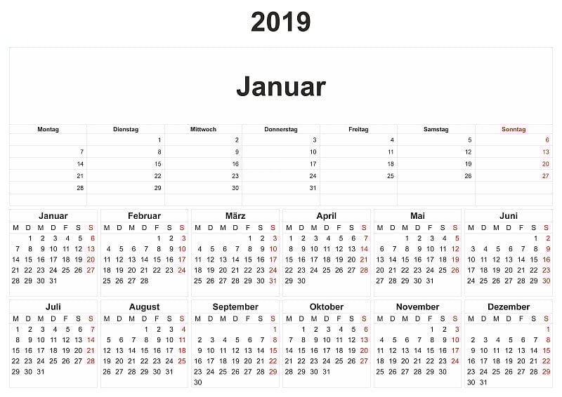 2019年德国白底月历。