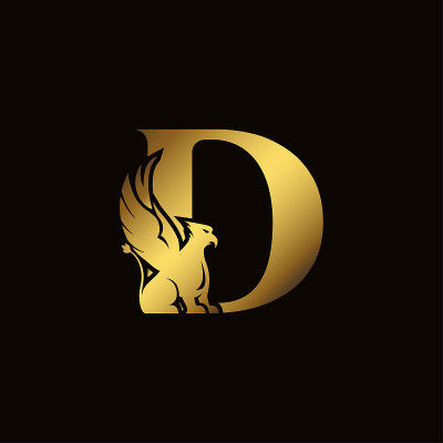 狮鹫剪影内金字d纹章象征远古神话或幻想中的野兽。创意设计元素的标志类型，徽章，字母，图标或象征的公司