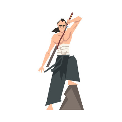 勇敢的日本武士与武士刀和袴矢量插图
